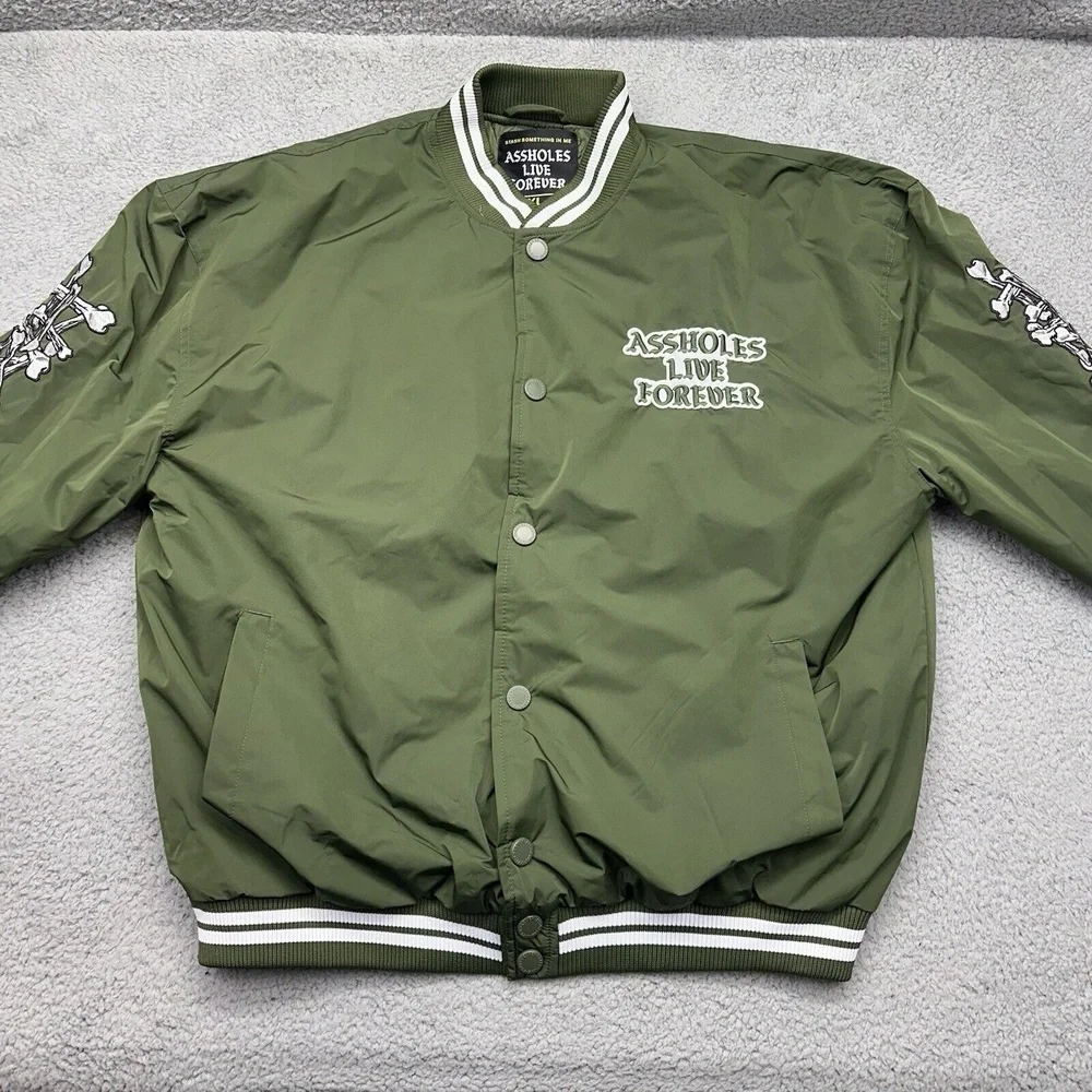A**holes‎ Live Forever Mens XL Green Varsity Polyester Bomber Jacket Puffer Coat - Picture 8 of 10